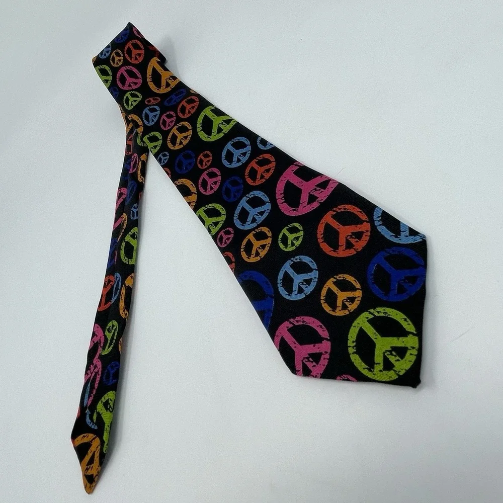 Mens Tie Black Peace Sign Rainbow Print Distressed Hippie Boho Novelty Polyester